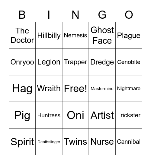 Dead by Daylight Killer Bingo Card