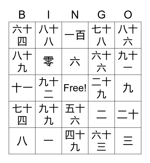 Chinese numbers Bingo Card