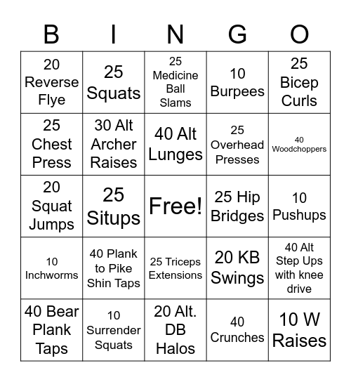 85/15 Boot Camp Bingo Card