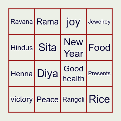 Myraa Diwali Event Bingo Card