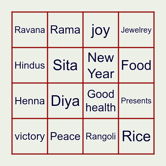 Myraa Diwali Event Bingo Card