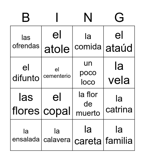 Dia de los Muertos Bingo Card