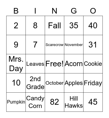 Fall Party Bingo Card