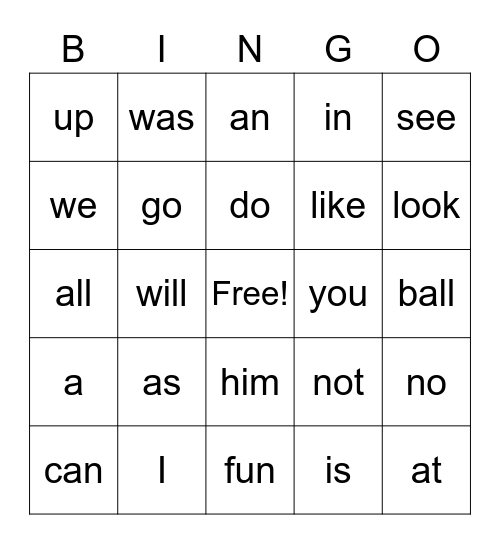 Snap Word Bingo Card