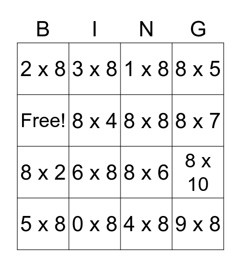 Factors of 8 Bingo Card