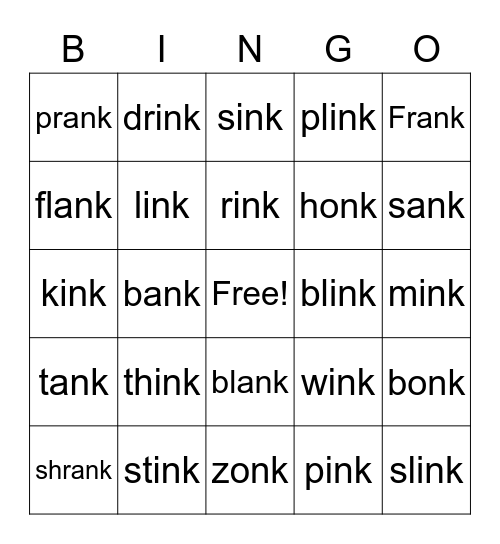 -nk words Bingo Card