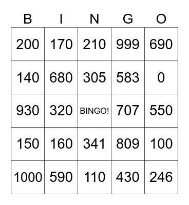 Number Bingo 0-200 Bingo Card