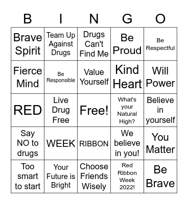 HHMS Red Ribbon Week 2022 Bingo Card