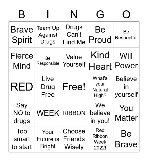 HHMS Red Ribbon Week 2022 Bingo Card