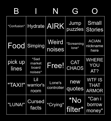 Bun Sever Bingo Card