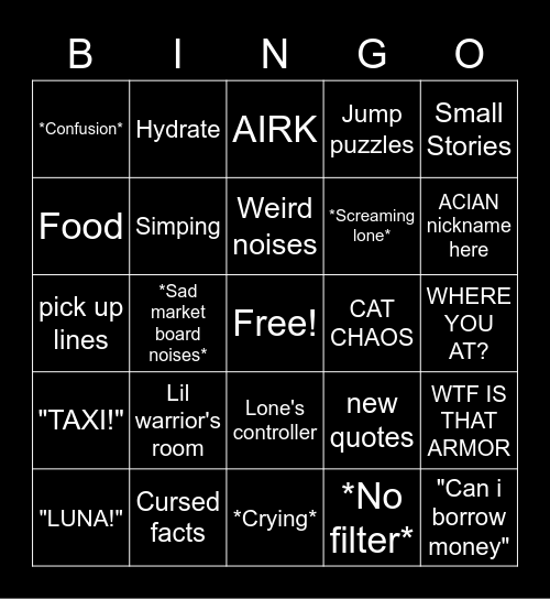 Bun Sever Bingo Card