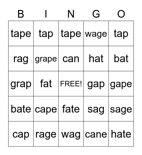 cvc/cvce words with vowel a Bingo Card