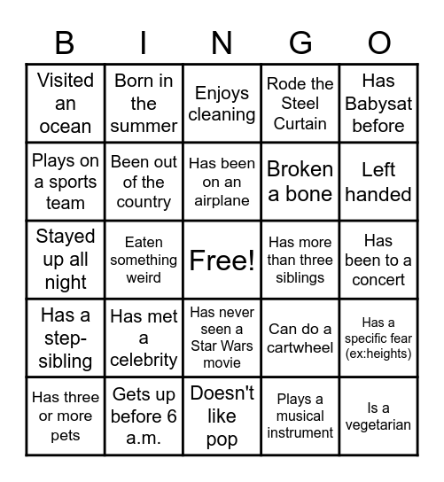 Classroom Bingo Card