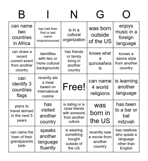 Cultural Competence Bingo Card