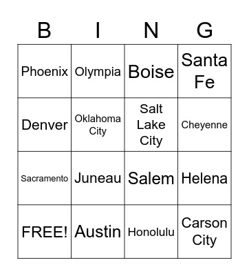 West & Southwest Capitals Bingo Card