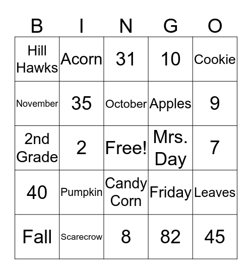 Fall Party Bingo Card