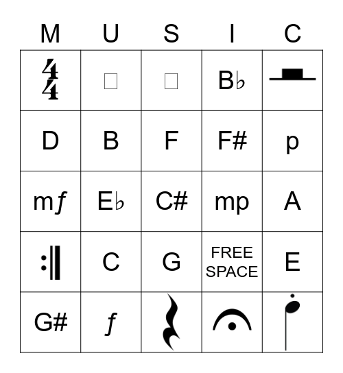 Melody Bingo! Bingo Card