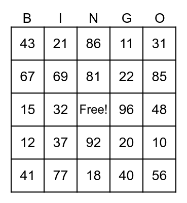 Addition and Subtraction (Within 100) Bingo Card