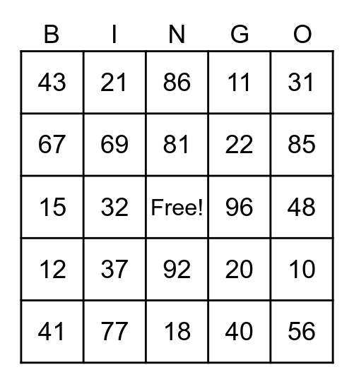 Addition and Subtraction (Within 100) Bingo Card