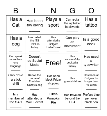 Mix and Mingle Bingo Card