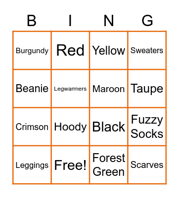 Colors & Clothing Bingo Card