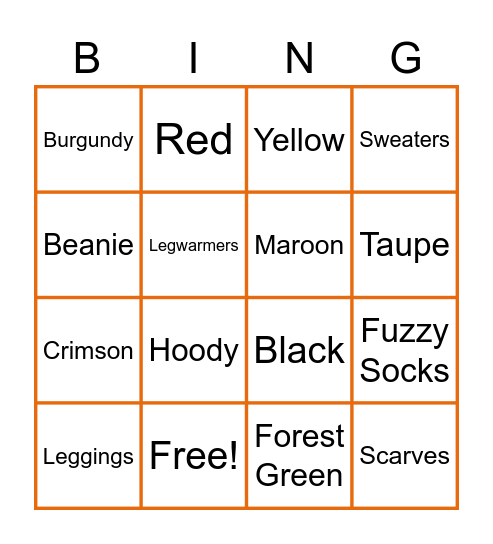Colors & Clothing Bingo Card