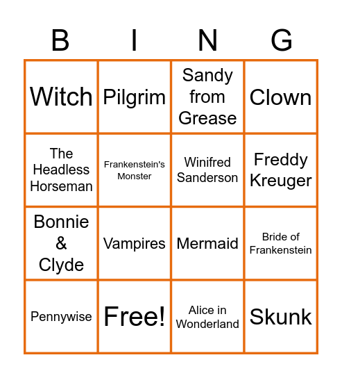 Costumes & Characters Bingo Card
