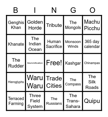 The Americas and the Mongols BINGO Card