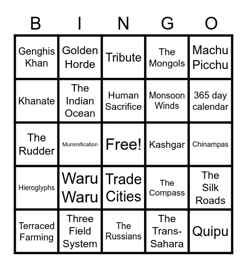 The Americas and the Mongols BINGO Card