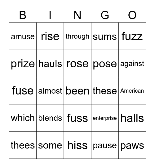 /z/ spelled s, homophones, red words Bingo Card