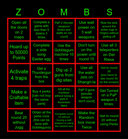 Cool Blops 3 Zombies Bingo Card