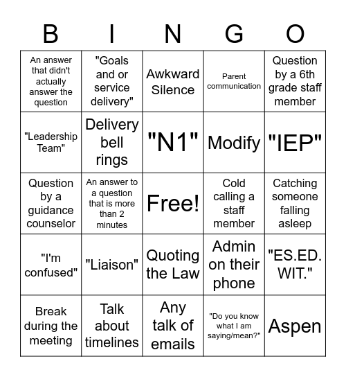 Sped Bingo Card