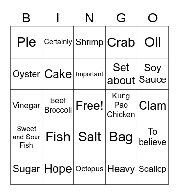 Chinese food Bingo Card