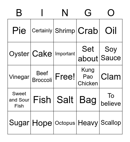 Chinese food Bingo Card