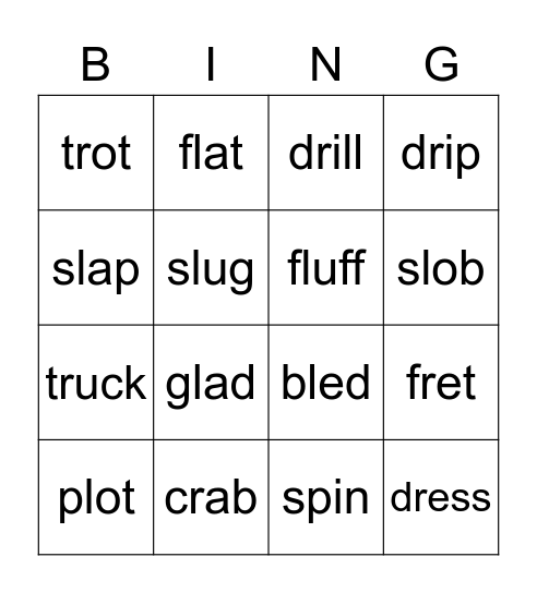 short vowels with beginning blends Bingo Card