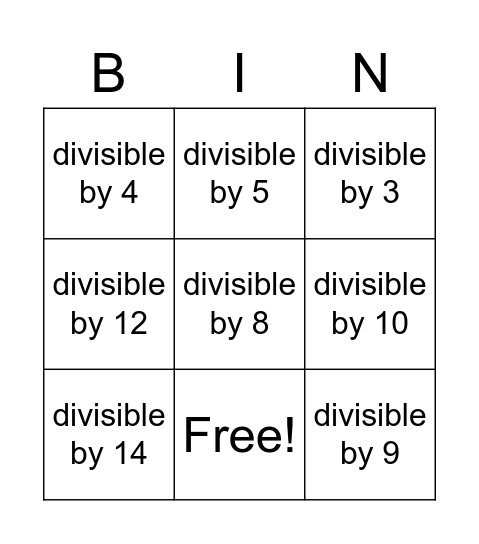 Divisibility Bingo Card