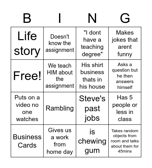 Steve's Class Bingo Card