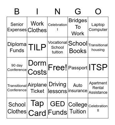Independent Living Program Bingo Card