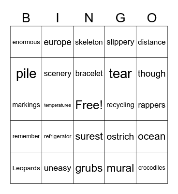 Site Words Bingo Card