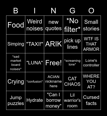 Bun Sever Bingo Card