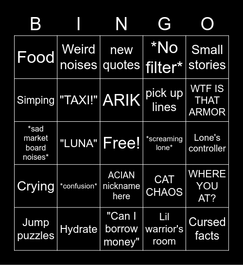 Bun Sever Bingo Card