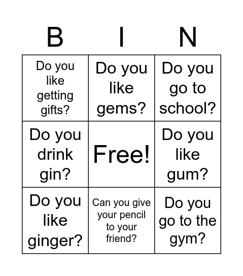 Letter G Bingo Card