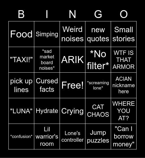 Bun Sever Bingo Card