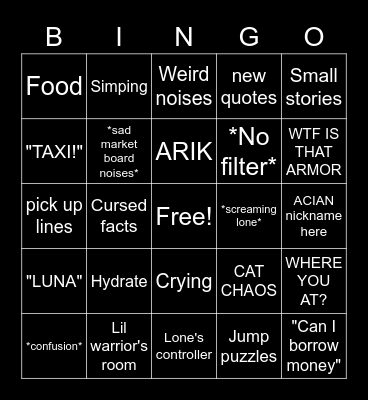 Bun Sever Bingo Card