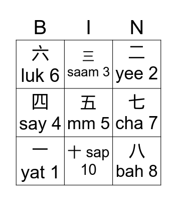 Chinese Numbers 0-10 Bingo Card
