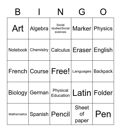 School Vocab Bingo Card