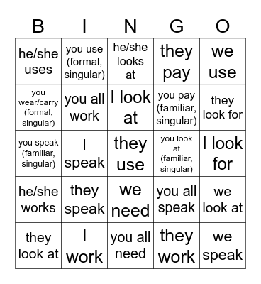 -ar verbs, ch. 3 Bingo Card