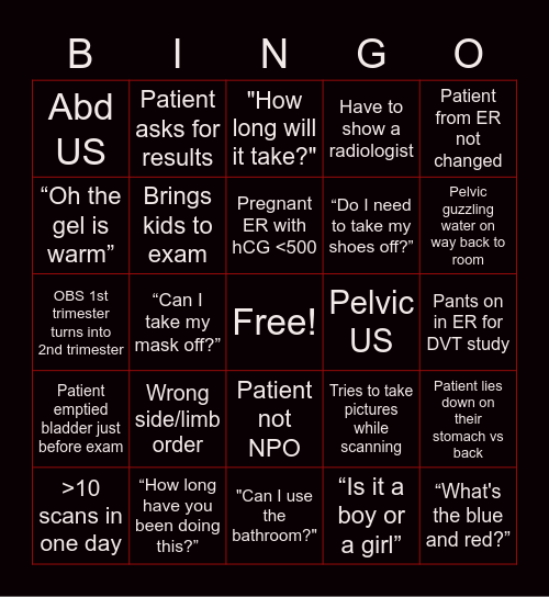 Sonographer Bingo Card