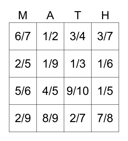 Simplified Fractions Bingo! Bingo Card
