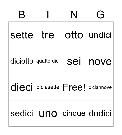I Numer 0-20 Bingo Card